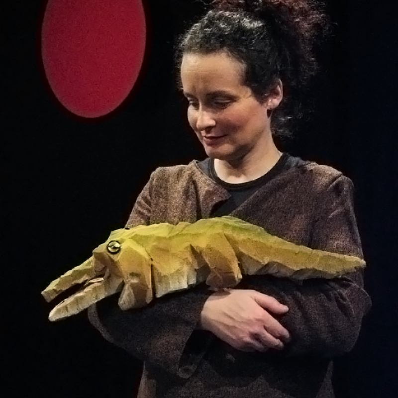 Schauspielerin mit Krokodilhandpuppe aus Schaumstoff auf der Bühne