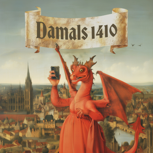 Gemälde im Stil eines mittelalterlichen Malers von einer Drachen-Frau, die ein Mobiltelefon in den Krallen hält. Darüber der Banner mit "Damals 1410"