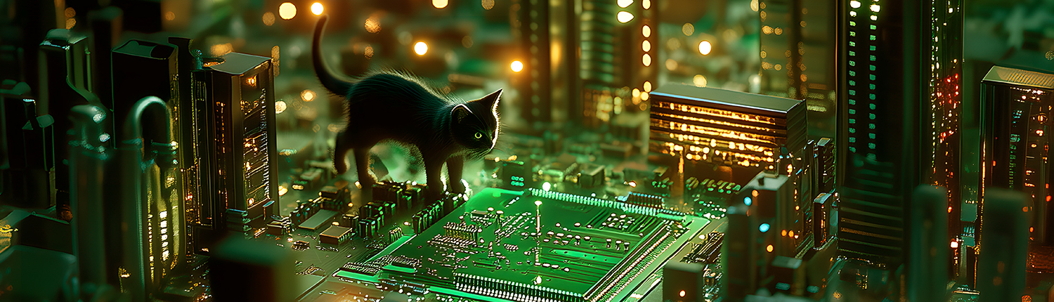 Eine Katze läuft durch eine Stadt, die wie ein Computerchip aufgebaut ist, eine grüne Leiterplatte, aus der Elemente wie Häuser herausragen