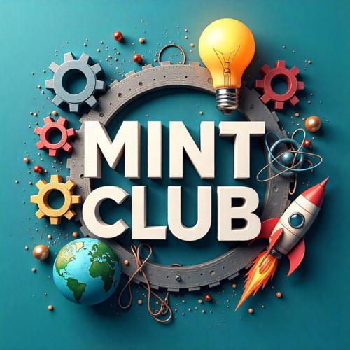 Das Wort MINT CLUB umgeben von Zahnrädern, einem Globus, Rakete und Glühlampe