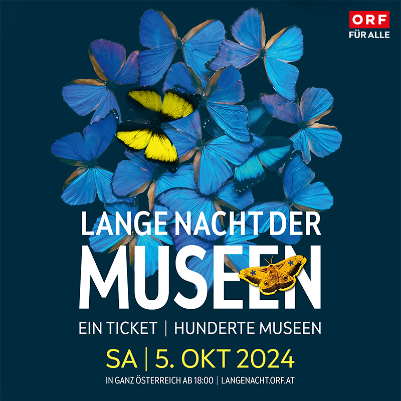 Sujet Lange Nacht der Museen 2024. Viele blaue Schmetterlinge zusammen, plus ein gelber. Samstag, 5.10.2024 von 18:00 bis 0:00 Uhr.