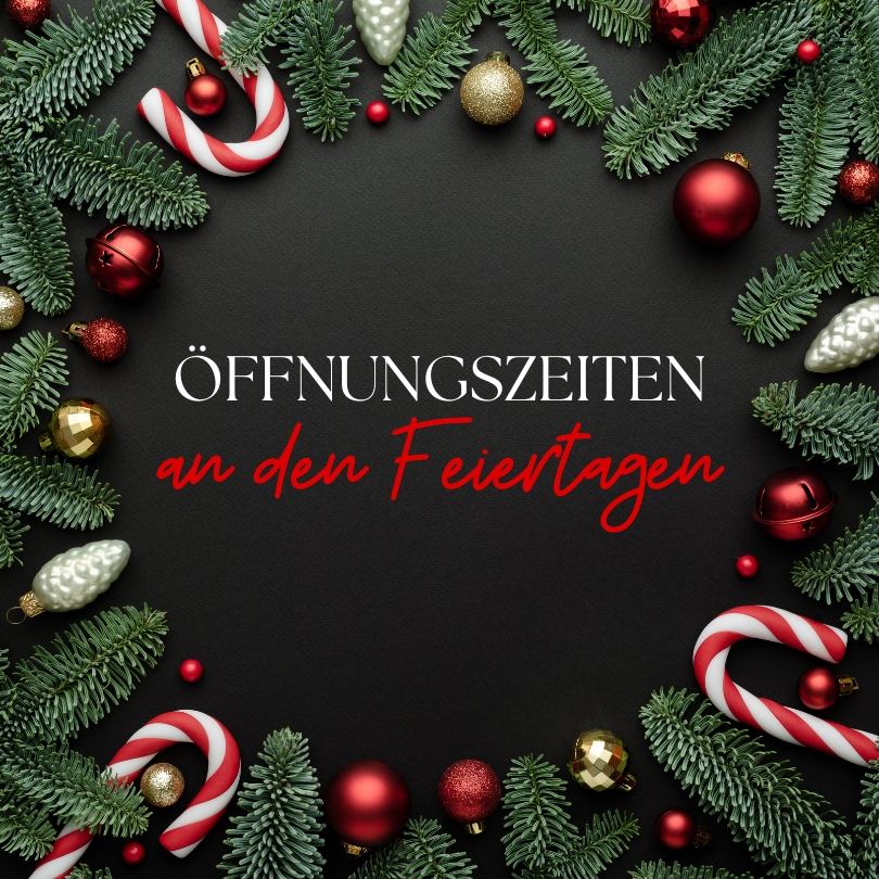 Tannenzweige und Christbaumkugeln um einen Kreis gelegt, Öffnungszeiten an den Feiertagen